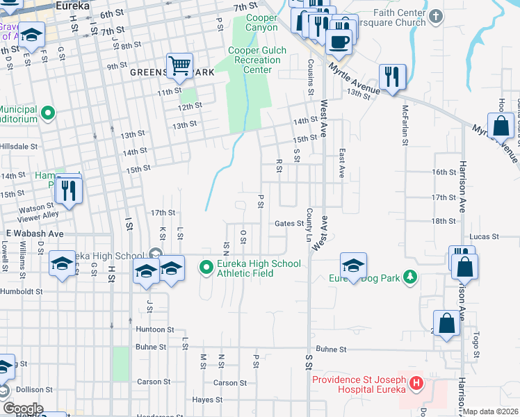 map of restaurants, bars, coffee shops, grocery stores, and more near 1751-1759 P Street in Eureka