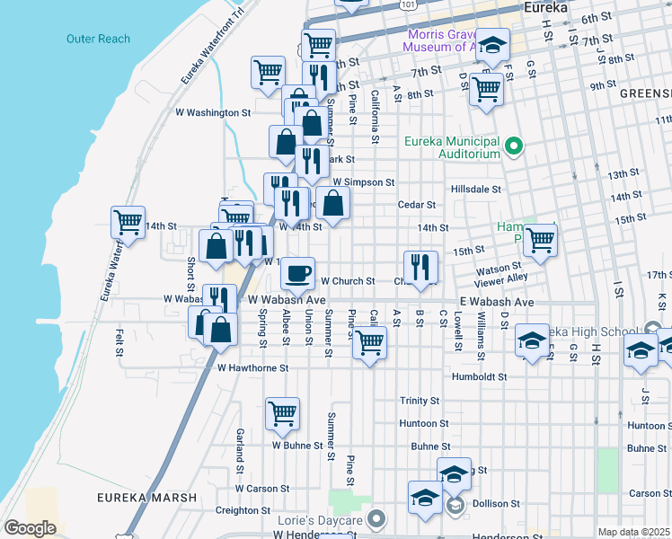 map of restaurants, bars, coffee shops, grocery stores, and more near 1616 Pine Street in Eureka