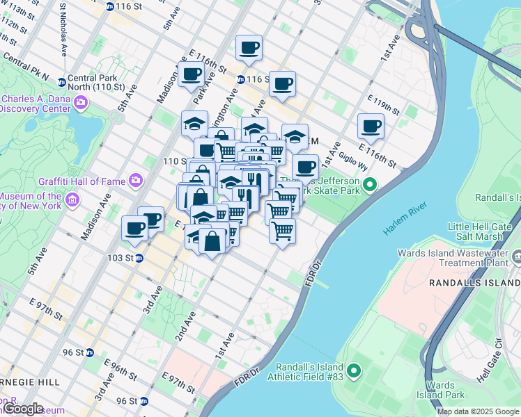 map of restaurants, bars, coffee shops, grocery stores, and more near 300 East 109th Street in New York