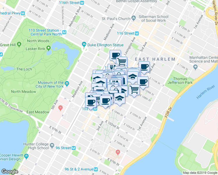 map of restaurants, bars, coffee shops, grocery stores, and more near 156 East 107th Street in New York