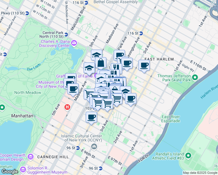 map of restaurants, bars, coffee shops, grocery stores, and more near in New York
