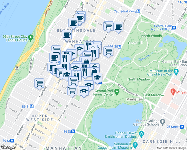 map of restaurants, bars, coffee shops, grocery stores, and more near 65 West 96th Street in New York