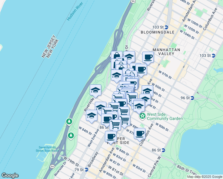 map of restaurants, bars, coffee shops, grocery stores, and more near 187 Riverside Drive in New York