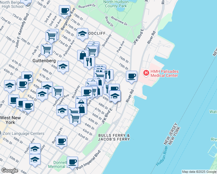 map of restaurants, bars, coffee shops, grocery stores, and more near 78 70th Street in Guttenberg