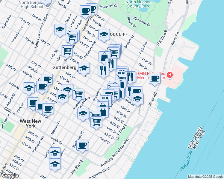 map of restaurants, bars, coffee shops, grocery stores, and more near 6900-4 Park Avenue in Guttenberg