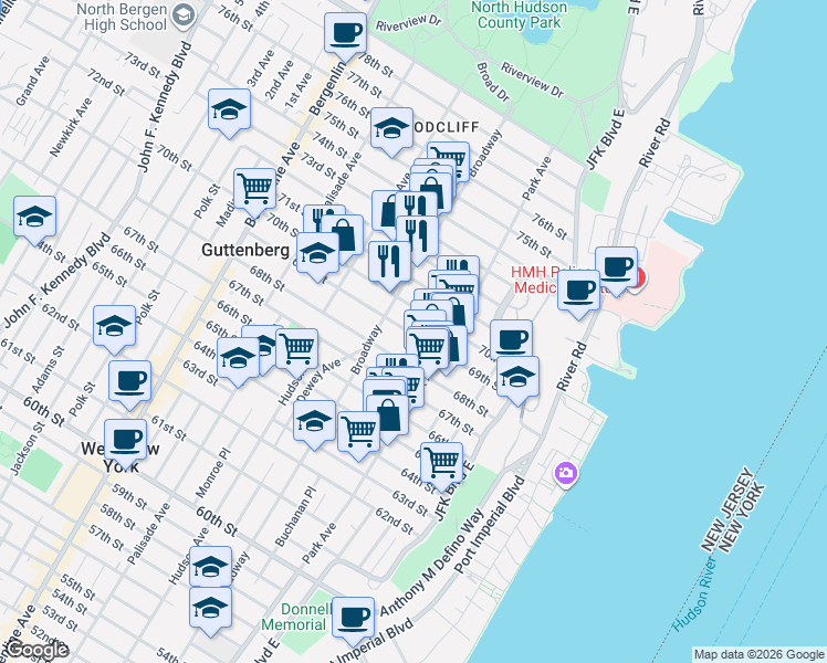 map of restaurants, bars, coffee shops, grocery stores, and more near 141 69th Street in Guttenberg