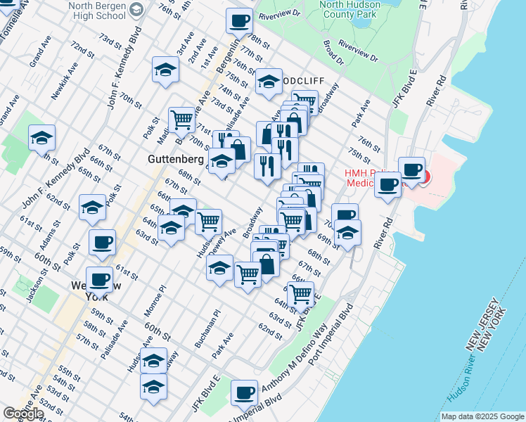 map of restaurants, bars, coffee shops, grocery stores, and more near 137 69th Street in Guttenberg