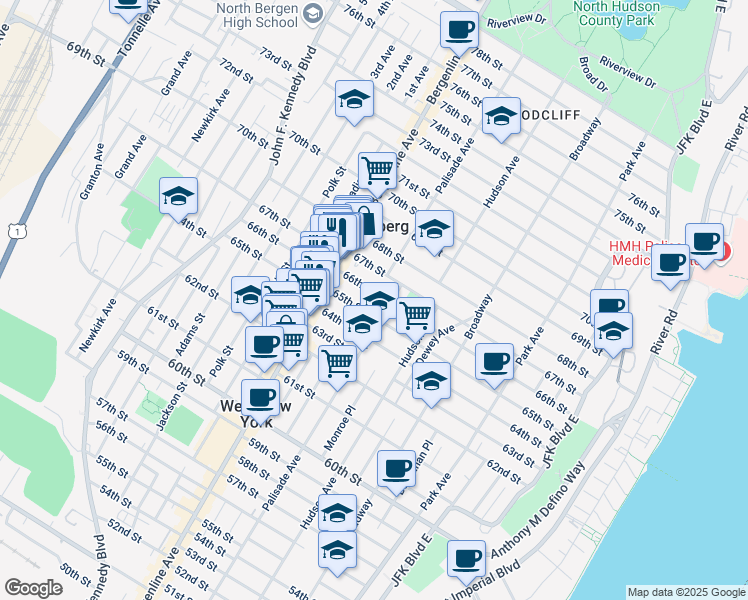 map of restaurants, bars, coffee shops, grocery stores, and more near 418 65th Street in West New York