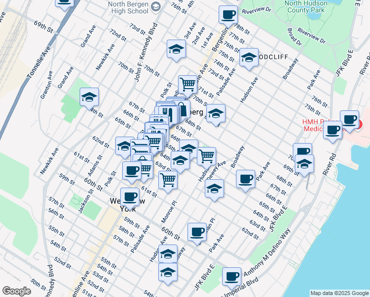 map of restaurants, bars, coffee shops, grocery stores, and more near 418 65th Street in West New York