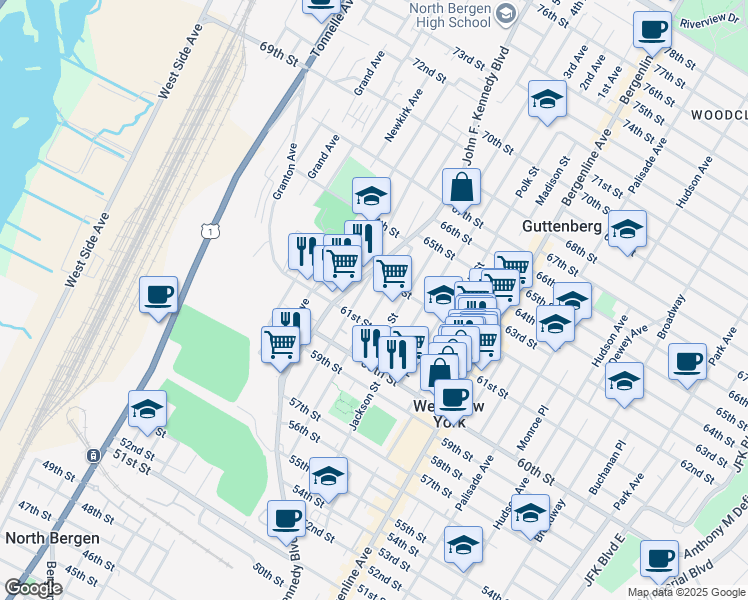 map of restaurants, bars, coffee shops, grocery stores, and more near 6122 Jefferson Street in West New York
