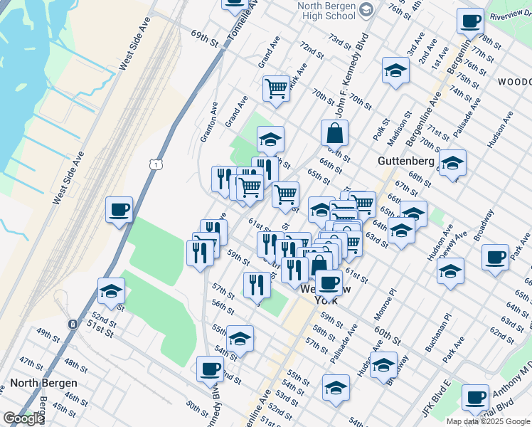 map of restaurants, bars, coffee shops, grocery stores, and more near 642 61st Street in West New York