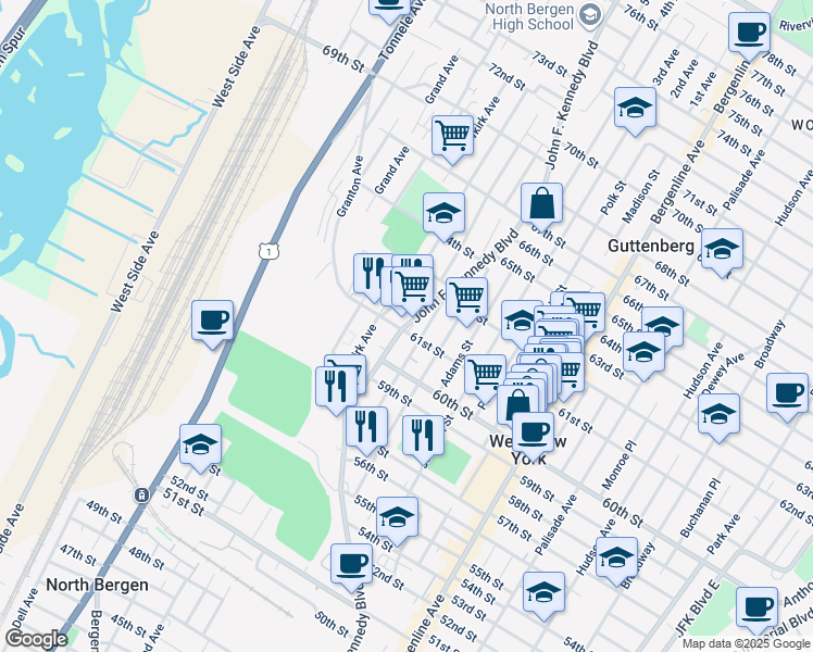 map of restaurants, bars, coffee shops, grocery stores, and more near 642 61st Street in West New York