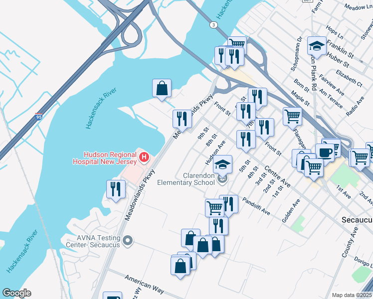map of restaurants, bars, coffee shops, grocery stores, and more near 687 9th Street in Secaucus