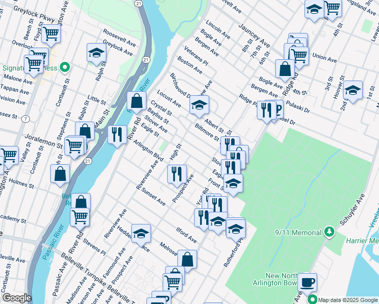 map of restaurants, bars, coffee shops, grocery stores, and more near 171 Eagle Street in North Arlington