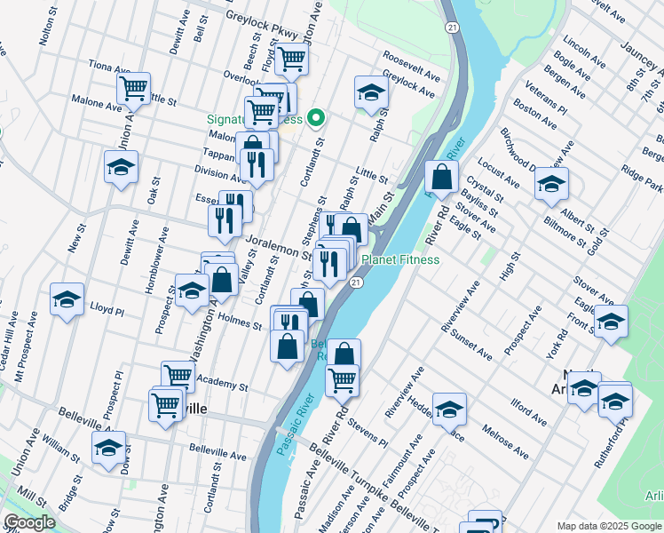 map of restaurants, bars, coffee shops, grocery stores, and more near 382 Main Street in Belleville