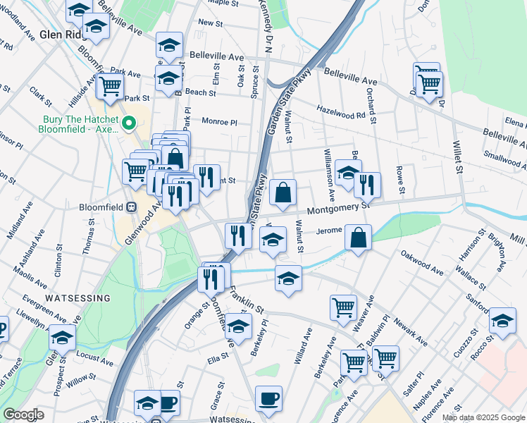 map of restaurants, bars, coffee shops, grocery stores, and more near 17 West Street in Bloomfield