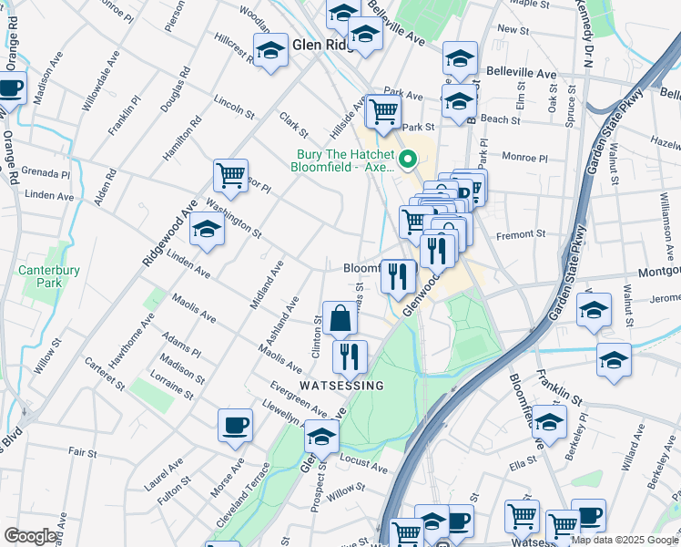map of restaurants, bars, coffee shops, grocery stores, and more near 170 Washington Street in Bloomfield