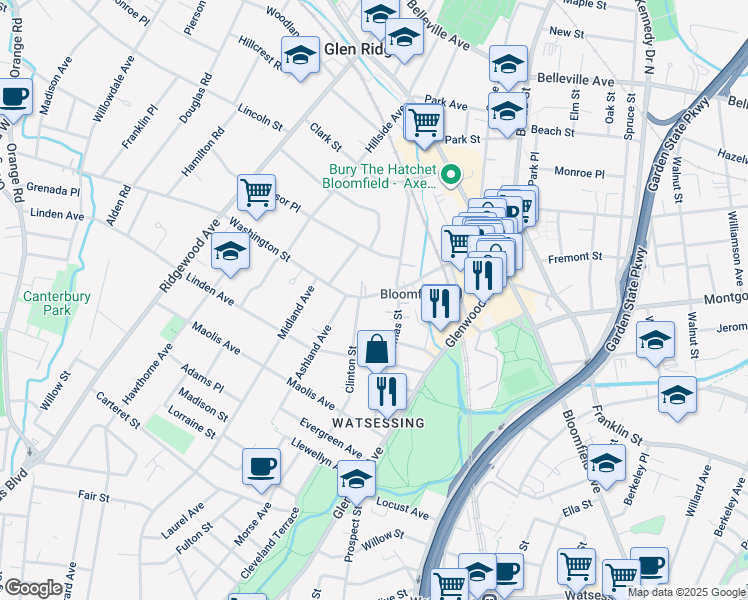 map of restaurants, bars, coffee shops, grocery stores, and more near 170 Washington Street in Bloomfield