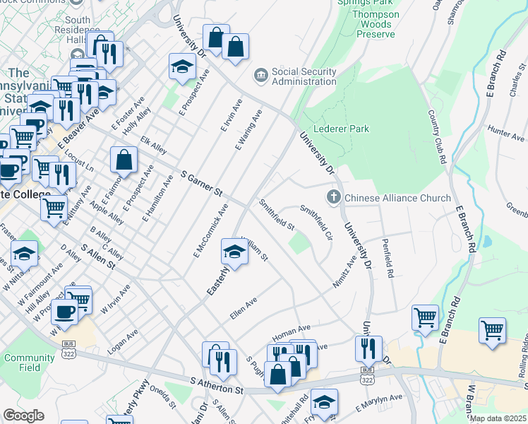 map of restaurants, bars, coffee shops, grocery stores, and more near 1109 South Garner Street in State College