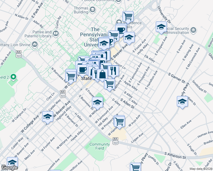 map of restaurants, bars, coffee shops, grocery stores, and more near 301 South Allen Street in State College