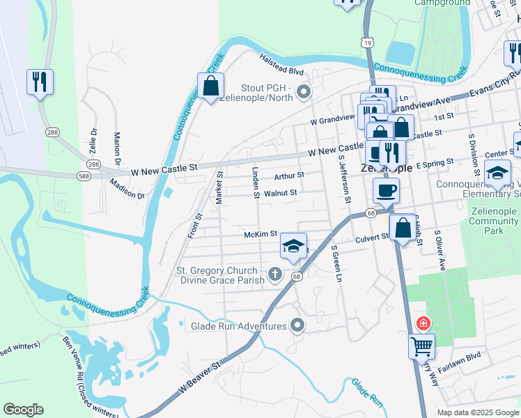 map of restaurants, bars, coffee shops, grocery stores, and more near 305 Linden Street in Zelienople