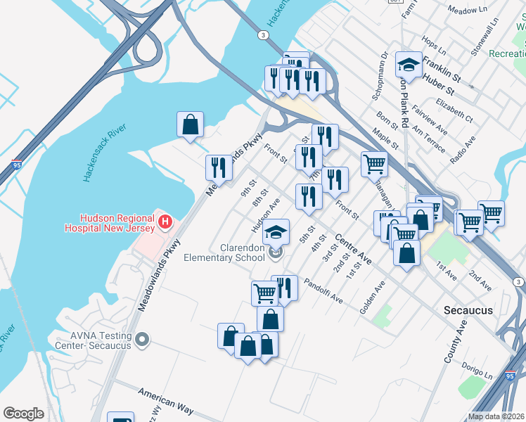 map of restaurants, bars, coffee shops, grocery stores, and more near 713 Hudson Avenue in Secaucus