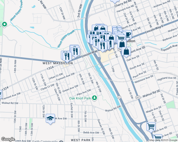 map of restaurants, bars, coffee shops, grocery stores, and more near 405 Tremont Avenue Southwest in Massillon