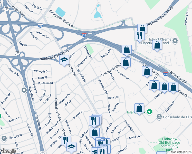 map of restaurants, bars, coffee shops, grocery stores, and more near 25 Sagamore Street in Plainview