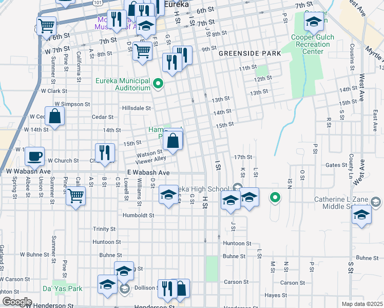 map of restaurants, bars, coffee shops, grocery stores, and more near 1625 G Street in Eureka