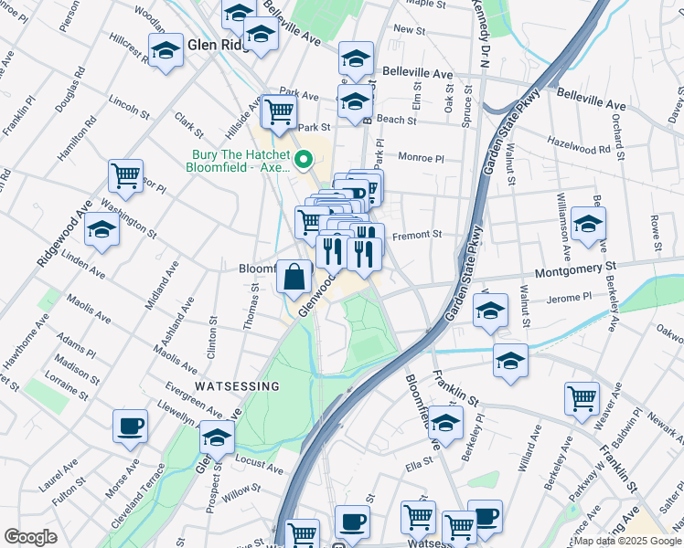 map of restaurants, bars, coffee shops, grocery stores, and more near 288 Glenwood Avenue in Bloomfield