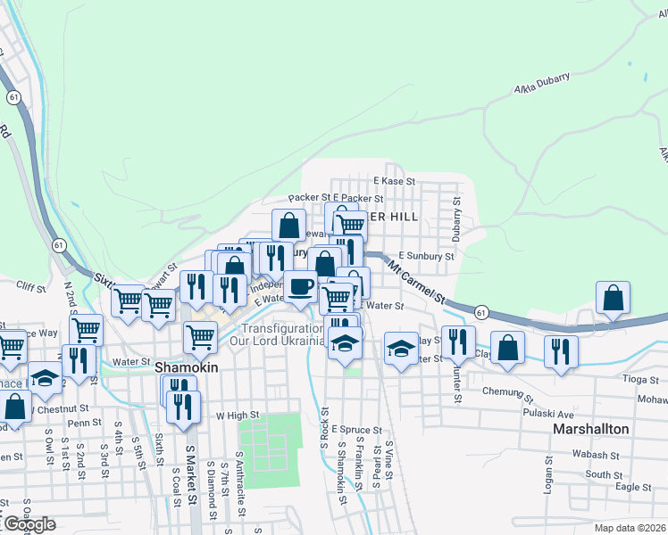map of restaurants, bars, coffee shops, grocery stores, and more near 402 East Independence Street in Shamokin