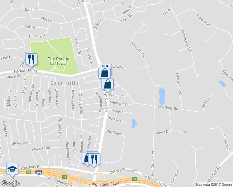 map of restaurants, bars, coffee shops, grocery stores, and more near 33 South Street in Roslyn Heights