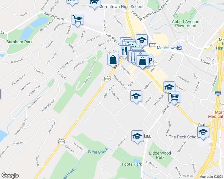 map of restaurants, bars, coffee shops, grocery stores, and more near 16 Colles Avenue in Morristown
