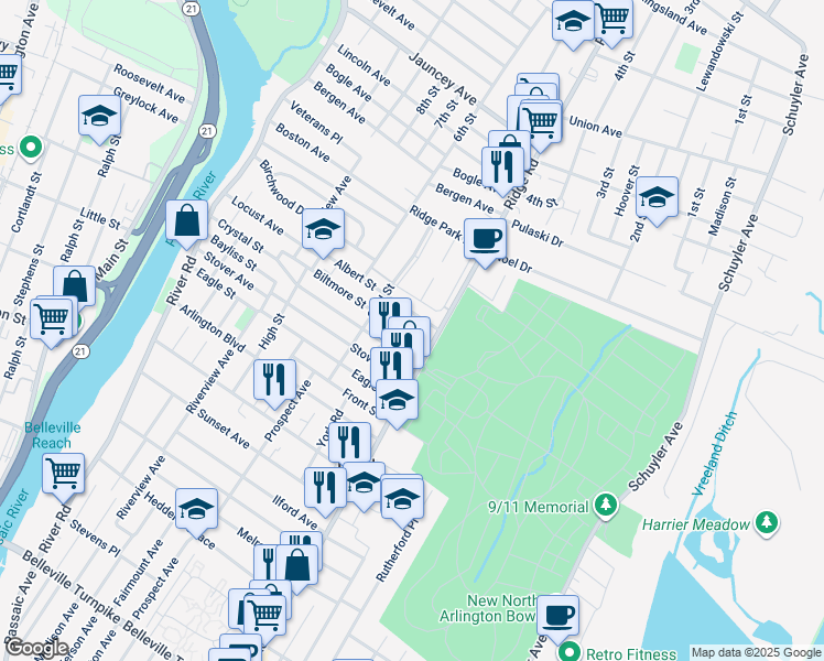 map of restaurants, bars, coffee shops, grocery stores, and more near 28 Biltmore Street in North Arlington