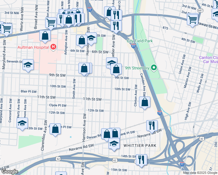 map of restaurants, bars, coffee shops, grocery stores, and more near 937 Dueber Avenue Southwest in Canton