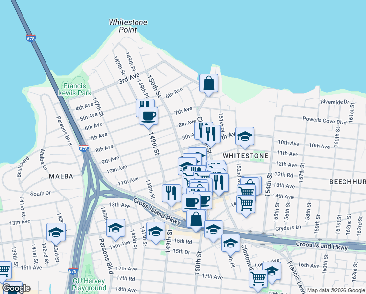 map of restaurants, bars, coffee shops, grocery stores, and more near 9-15 150th Street in Queens