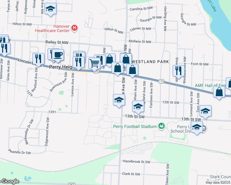 map of restaurants, bars, coffee shops, grocery stores, and more near 224 Parkland Avenue Southwest in Massillon
