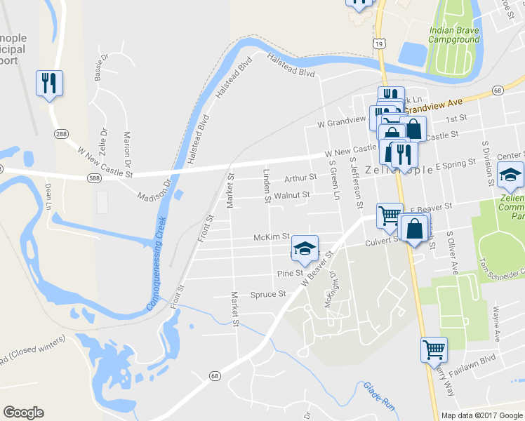 map of restaurants, bars, coffee shops, grocery stores, and more near 305 Linden Street in Zelienople