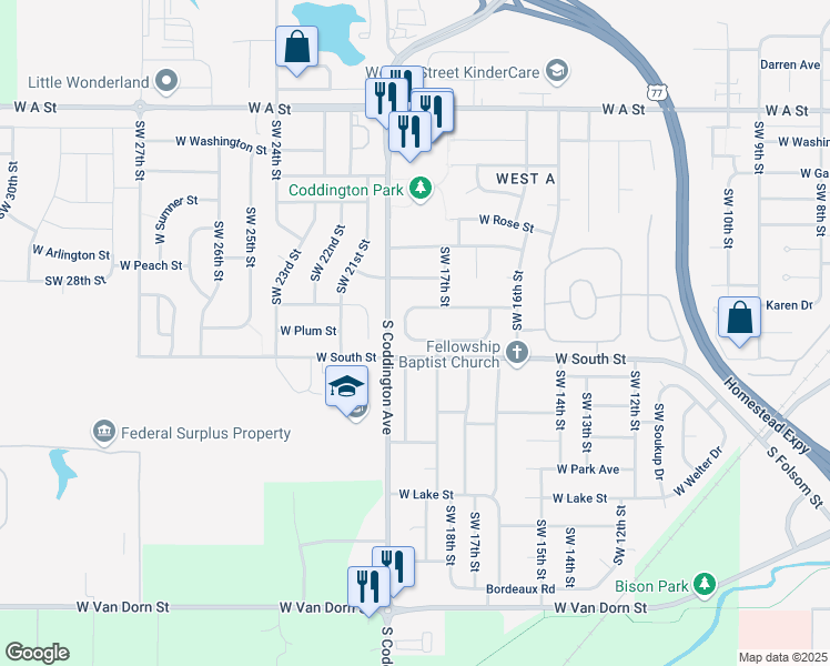 map of restaurants, bars, coffee shops, grocery stores, and more near 1830 West Plum Street in Lincoln