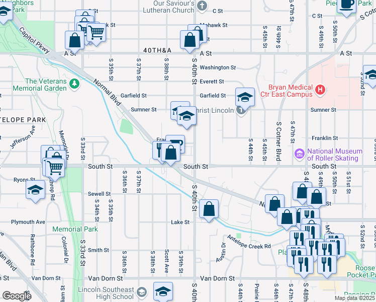 map of restaurants, bars, coffee shops, grocery stores, and more near 1919 South 40th Street in Lincoln