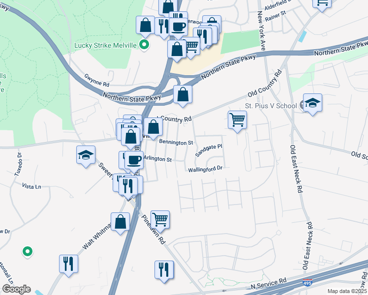 map of restaurants, bars, coffee shops, grocery stores, and more near 1 Rutland Lane in Melville