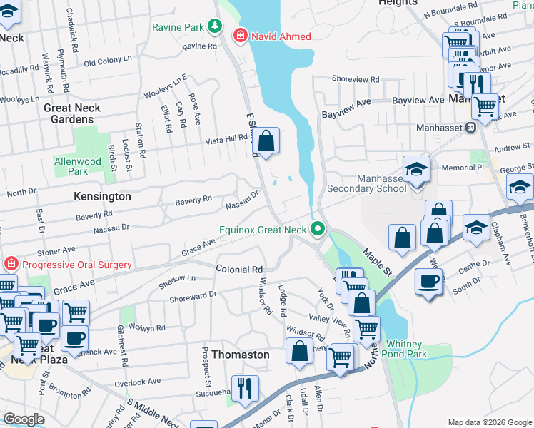 map of restaurants, bars, coffee shops, grocery stores, and more near 175 East Shore Road in Great Neck