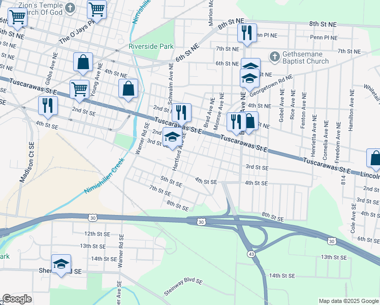 map of restaurants, bars, coffee shops, grocery stores, and more near 3rd Street Southeast in Canton