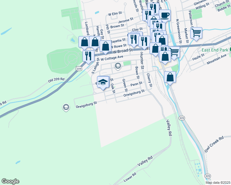 map of restaurants, bars, coffee shops, grocery stores, and more near 242 Penn Street in Tamaqua
