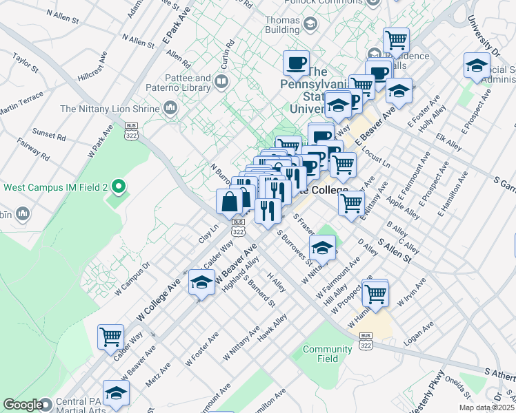map of restaurants, bars, coffee shops, grocery stores, and more near 244 West College Avenue in State College