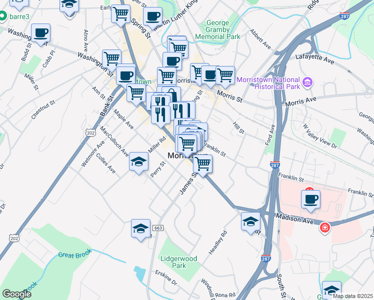 map of restaurants, bars, coffee shops, grocery stores, and more near 164 South Street in Morristown