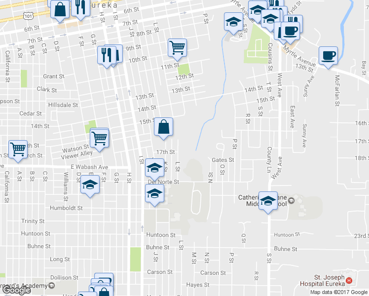map of restaurants, bars, coffee shops, grocery stores, and more near 1635 L Street in Eureka