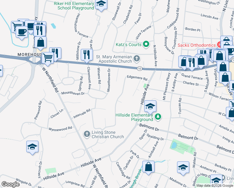 map of restaurants, bars, coffee shops, grocery stores, and more near 49 Edgemere Road in Livingston