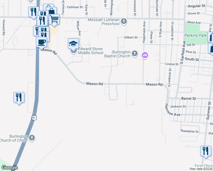 map of restaurants, bars, coffee shops, grocery stores, and more near 1501 Mason Lane in Burlington