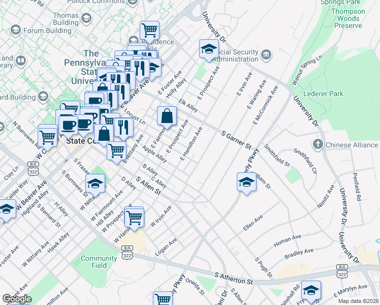 map of restaurants, bars, coffee shops, grocery stores, and more near 262 East Hamilton Avenue in State College